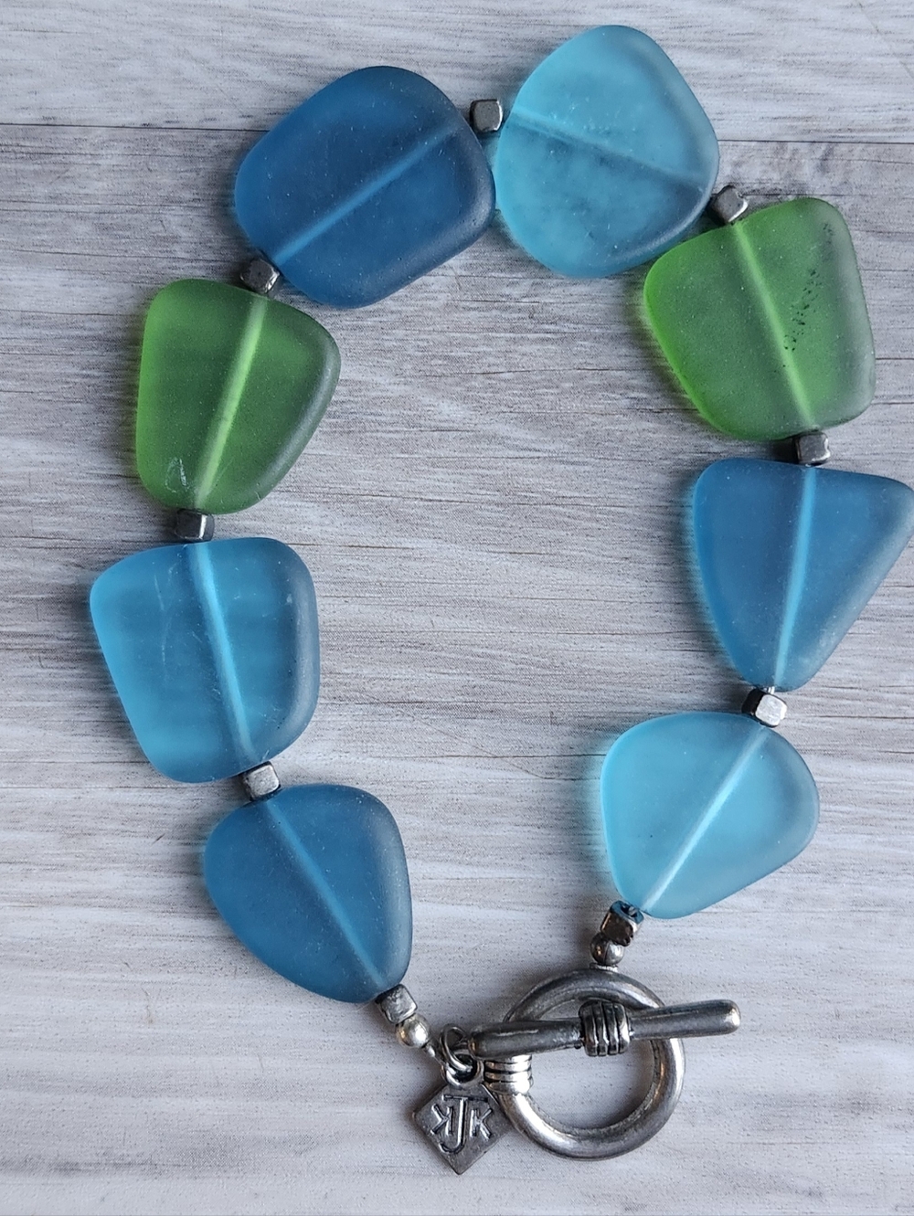 KJK Frosted Glass Bracelet Blue Green Beaded Toggle Clasp Coastal Style Usa